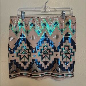 Express Sequin Mini Skirt Aztec Geometric Festival Party Large